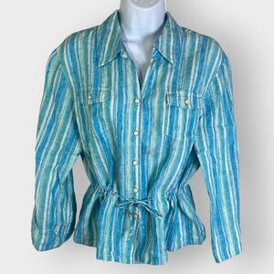 Jones New York Linen Button Up | L | Teal Striped | Beachy Summer